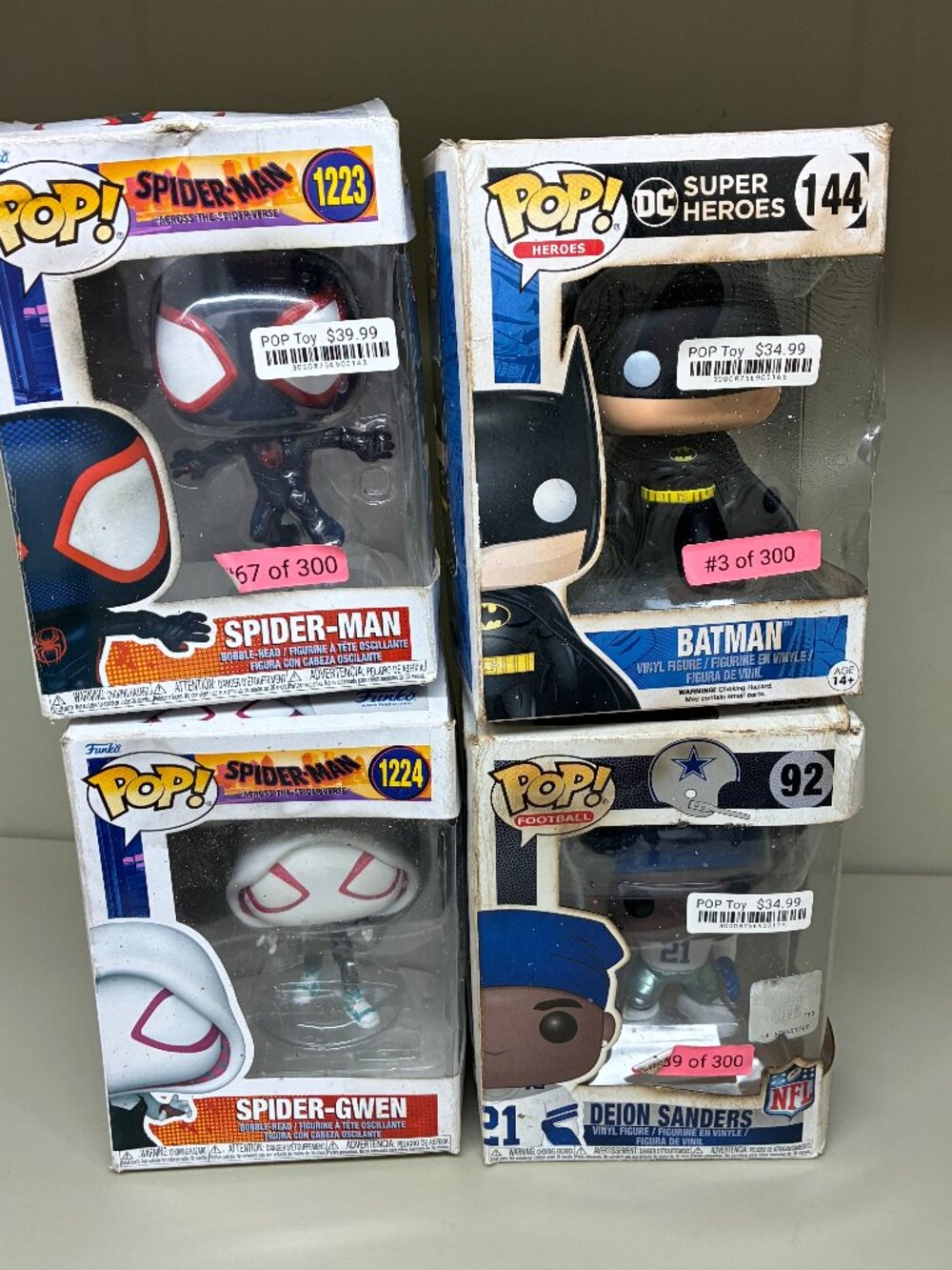 Funko Pop Bundle Spider-Man 1223, Spider-Gwen 1224, Batman 144, Deion Sanders 92